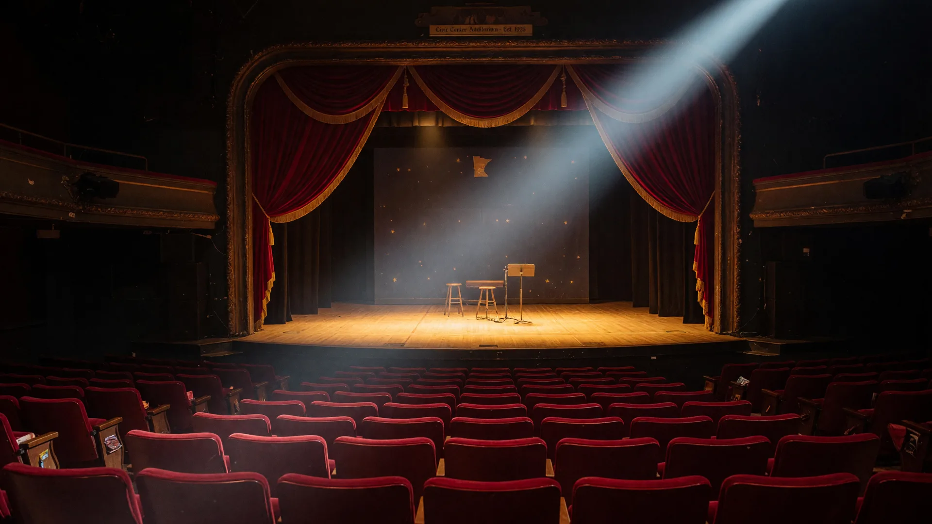 Small-town performing arts stage with an open crimson curtain, warm amber stage lights, and empty theater seats before a show