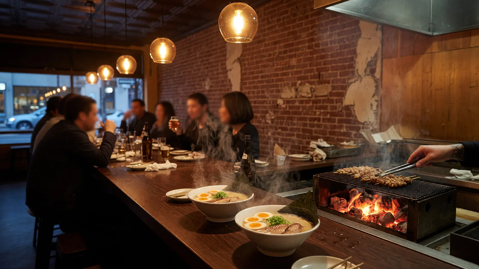 A Pasadena izakaya counter at dusk with yakitori grilling over charcoal and steaming bowls of tonkotsu ramen under warm pendant lights