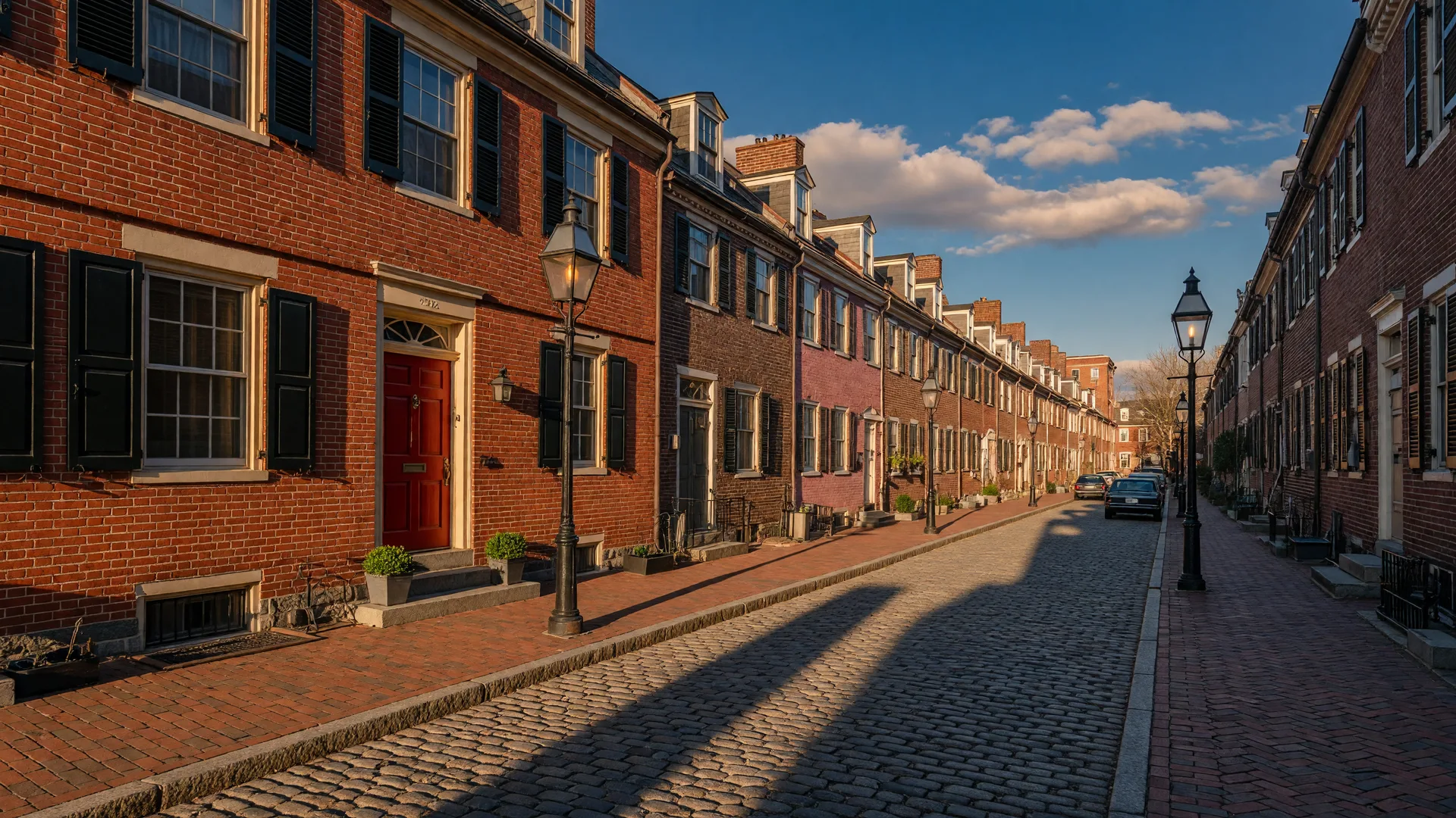 Society Hill historic row houses with cobblestone streets and Franklin gas lamps in Philadelphia