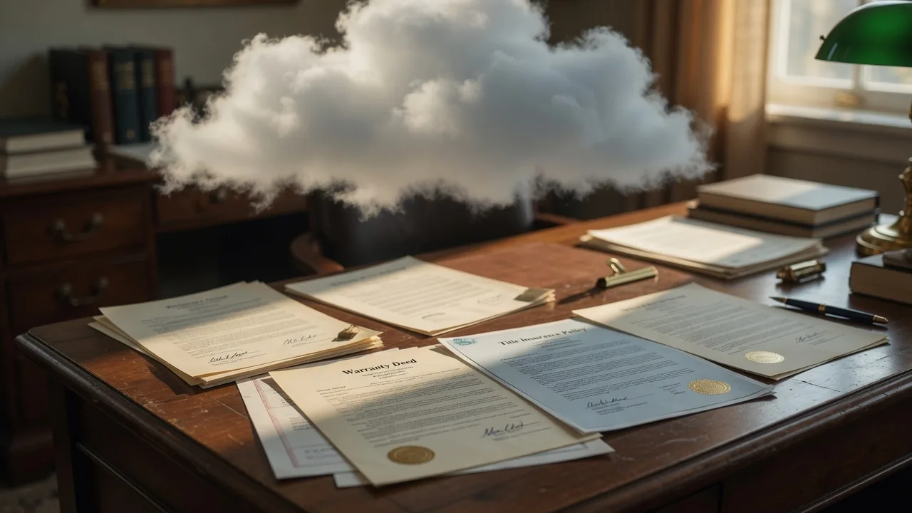 Translucent cloud shape casting a shadow over property title documents on a wooden desk