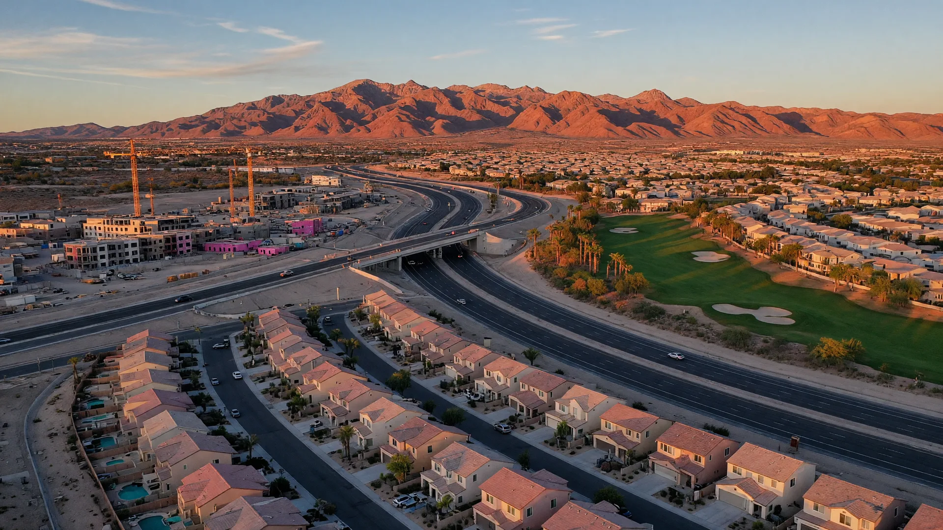Aerial late-October golden-hour view of Southwest Las Vegas master-planned communities, a guard-gated golf course, the 215 Beltway with fresh overpasses, and tower cranes over new construction with the Spring Mountains beyond