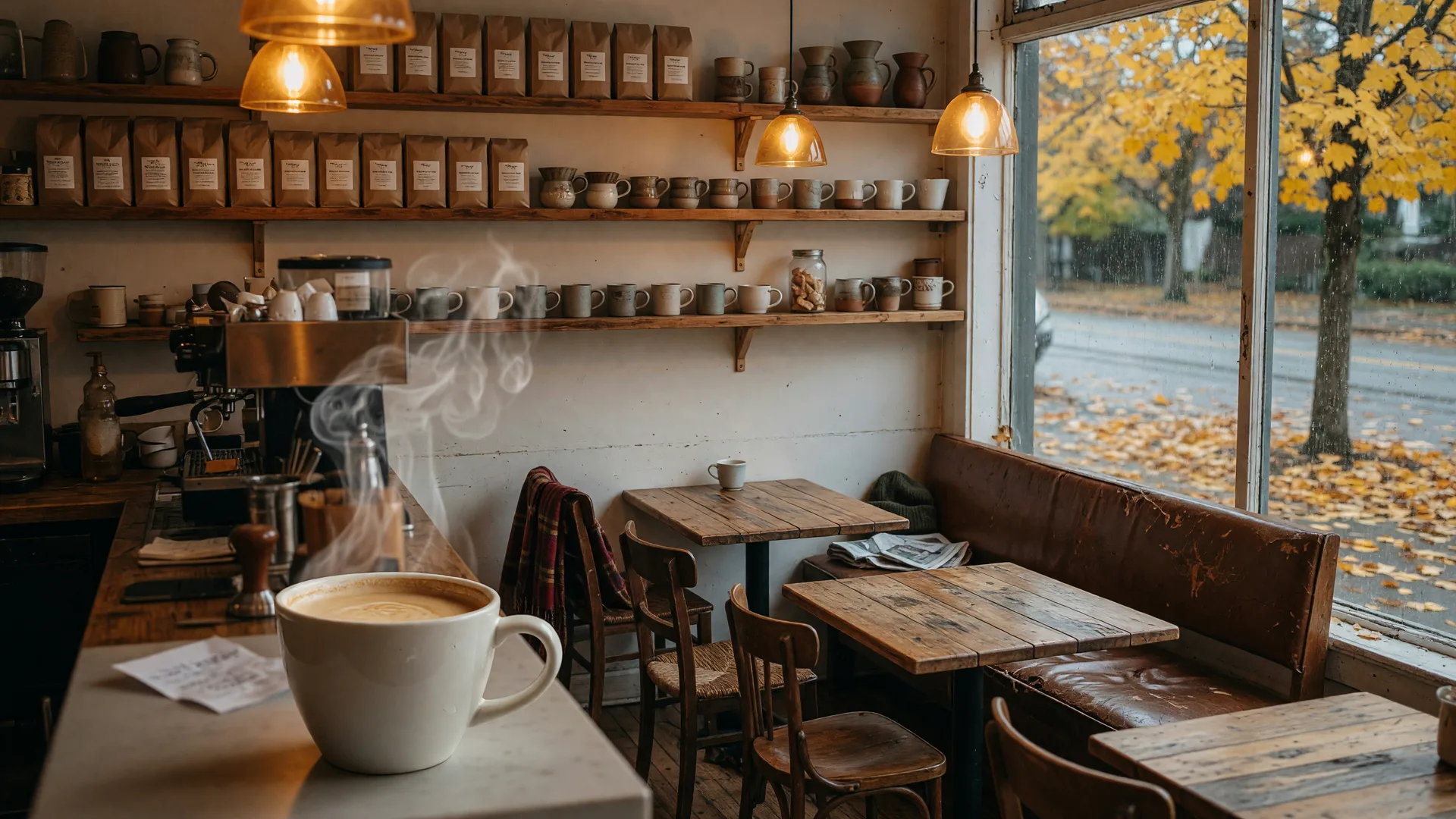 Cozy Pacific Northwest coffee shop interior with warm amber pendant lights, wooden tables and golden autumn leaves seen through the window