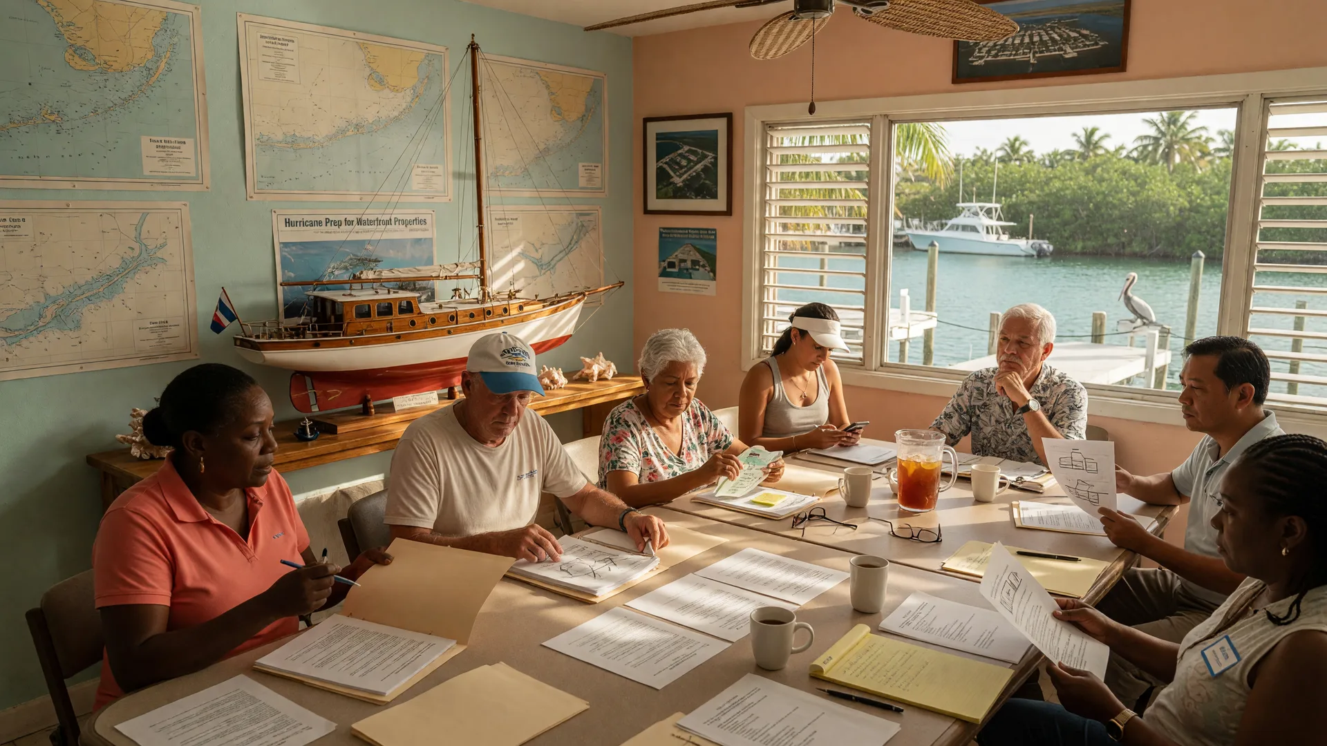 Florida Keys homeowners association meeting at a waterfront community center reviewing dock regulation documents