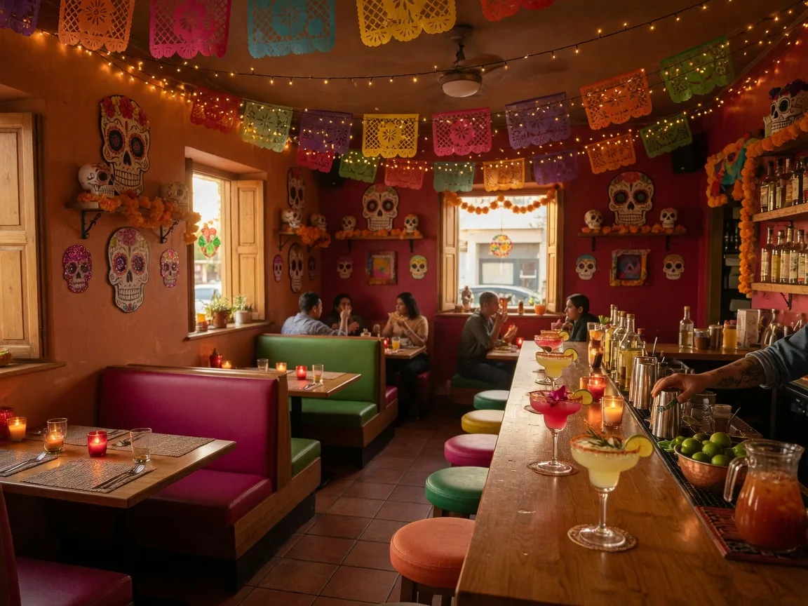 Vibrant modern Mexican restaurant interior with warm string lights, colorful papel picado banners, terracotta decor, and a lively bar area at Kalaveras in downtown Fullerton