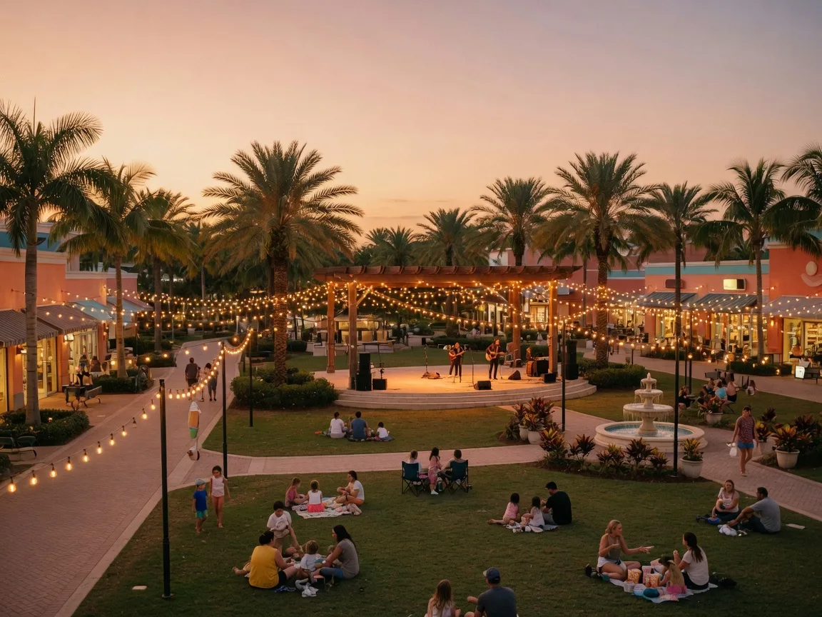An open-air shopping and entertainment plaza in West Delray Beach at golden hour with an outdoor amphitheater stage