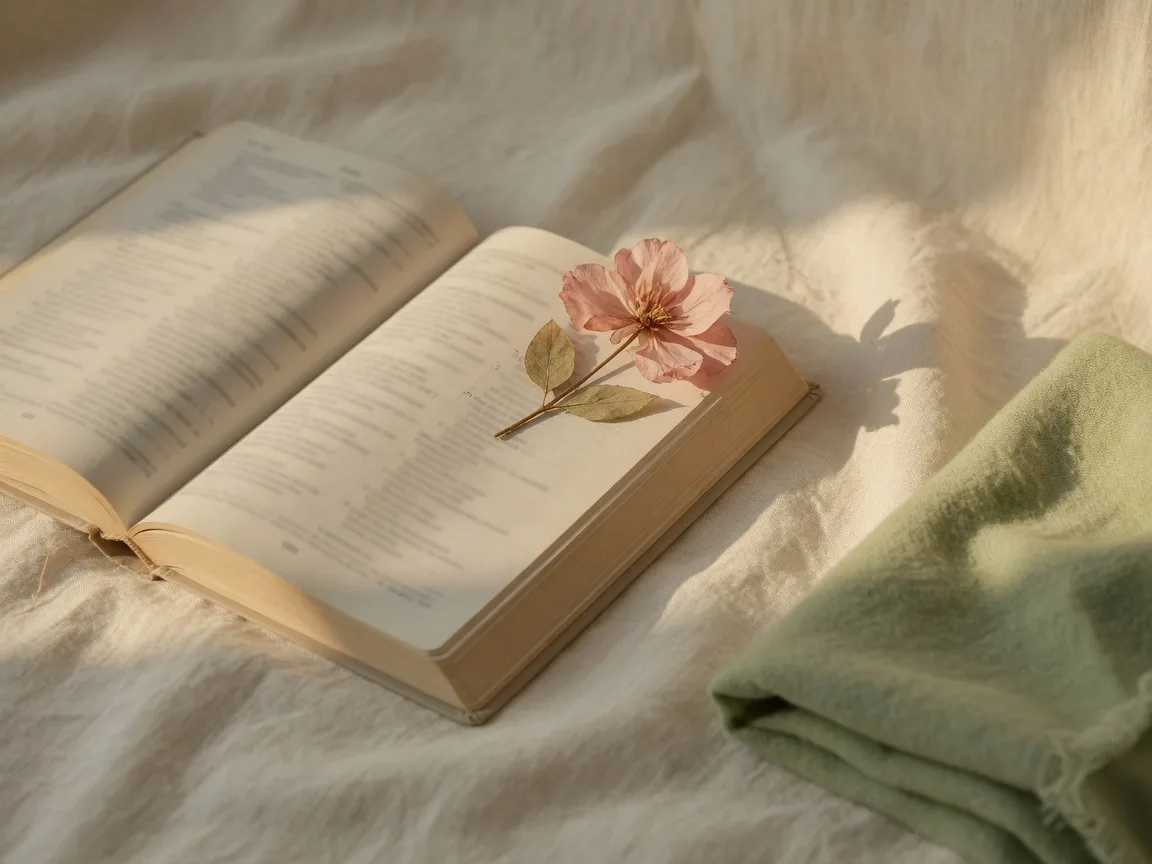 Open Bible with a pressed blush flower resting on the page beside a folded sage blanket in warm light