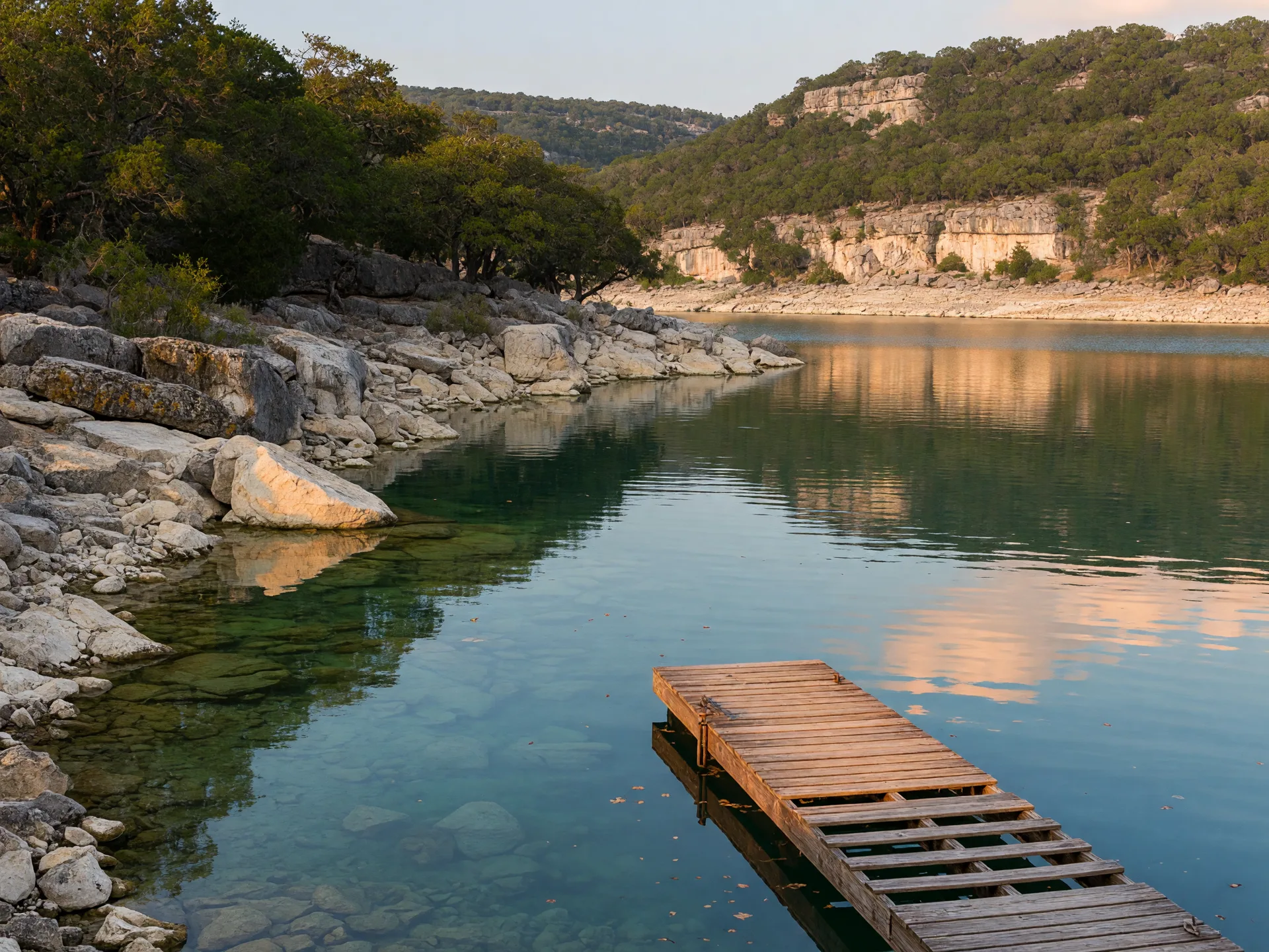 Stillhouse Hollow Lake near Belton Texas with clear blue water and limestone shoreline