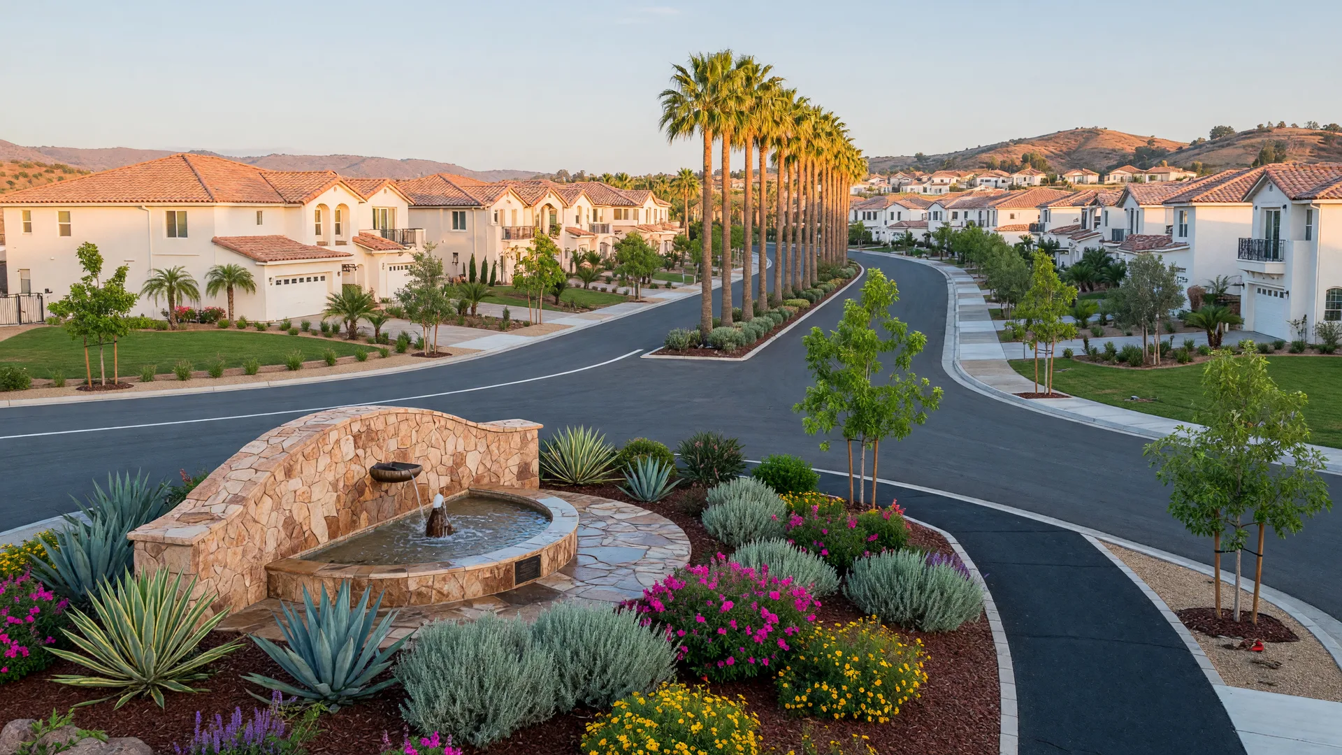 A welcoming master-planned community entrance in Murrieta with a stone monument sign, fountain, and palm-lined boulevard leading to stucco and tile-roof homes
