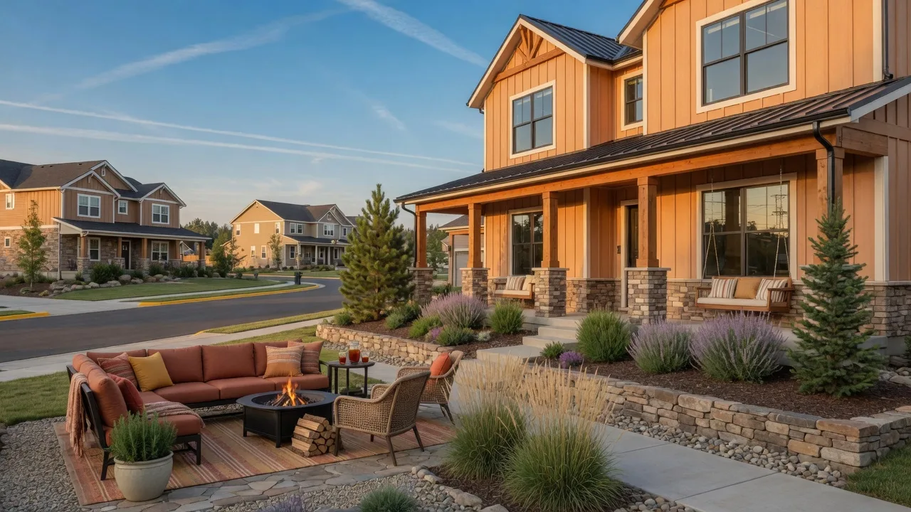 A newly built modern farmhouse with cedar siding and a covered porch in a sunny Tri-Cities neighborhood