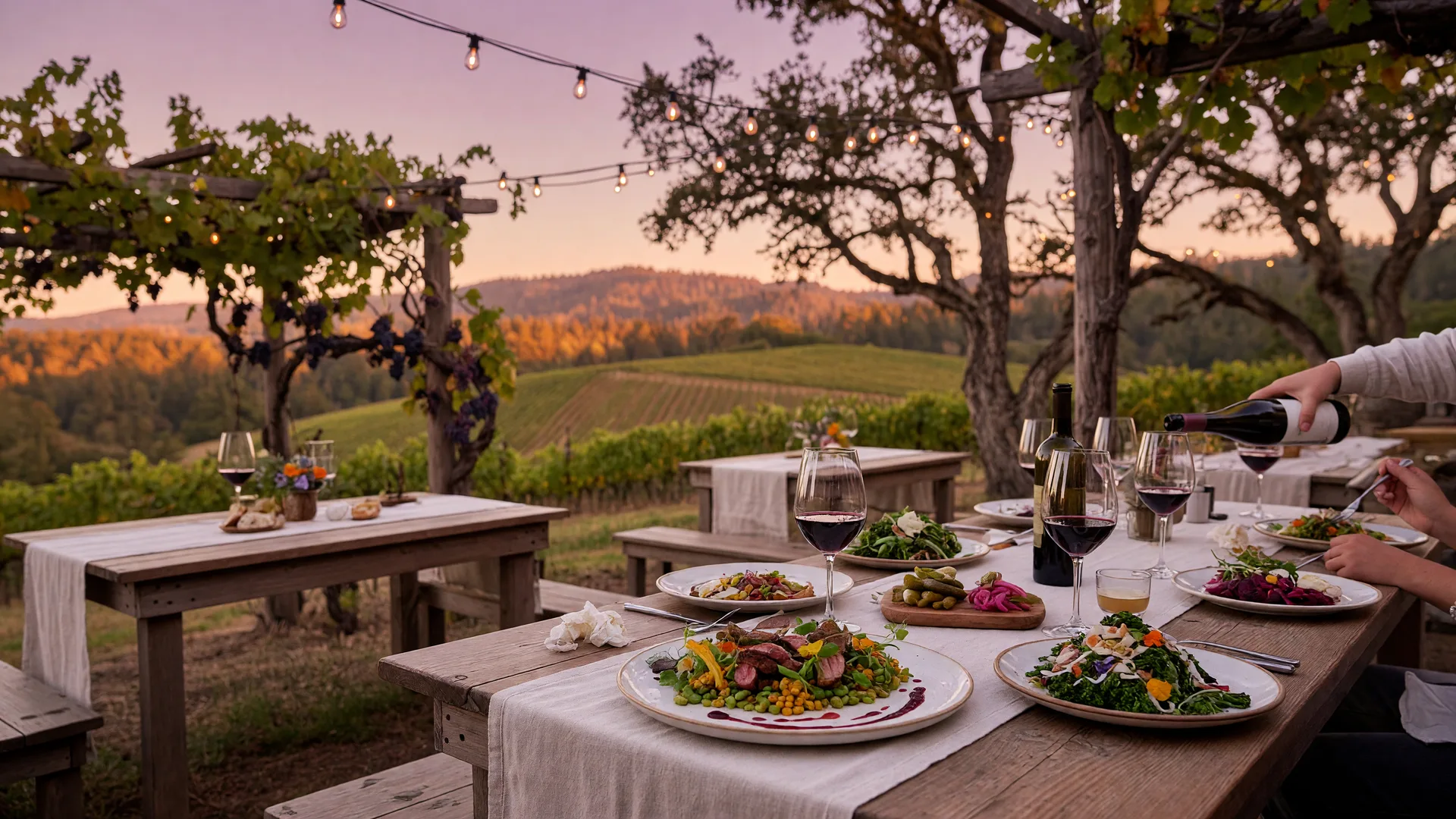 Farm-to-table dining at an Oregon wine country restaurant at sunset