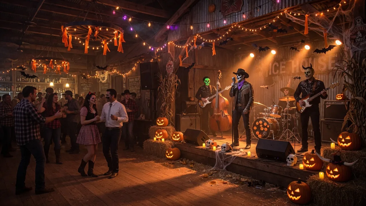 A rustic Texas icehouse venue decorated for Halloween with pumpkins, warm string lights, and amber lighting on a wooden stage with a full band setup
