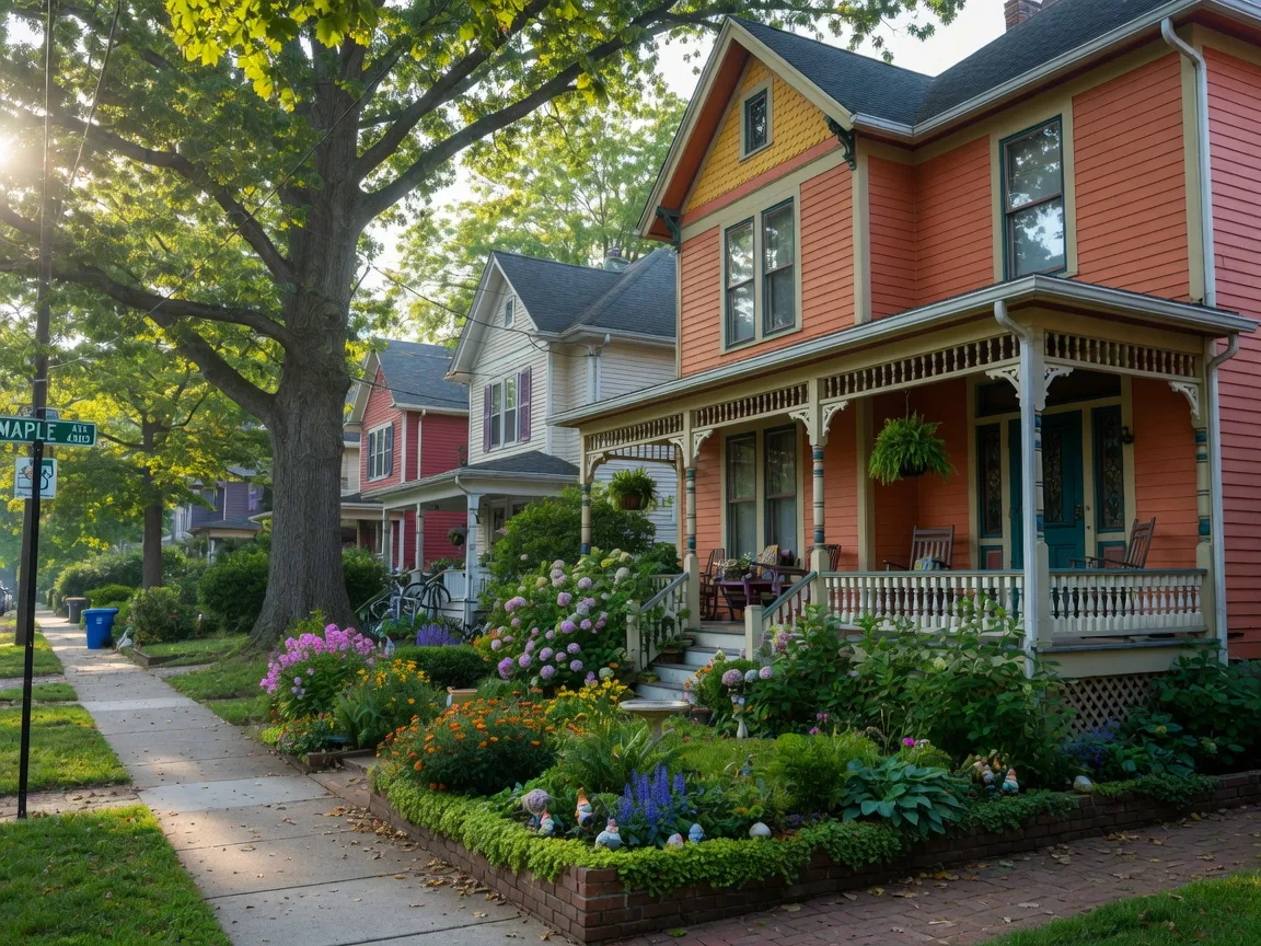 A colorful Victorian and Craftsman bungalow with a front porch on a leafy Takoma Park street