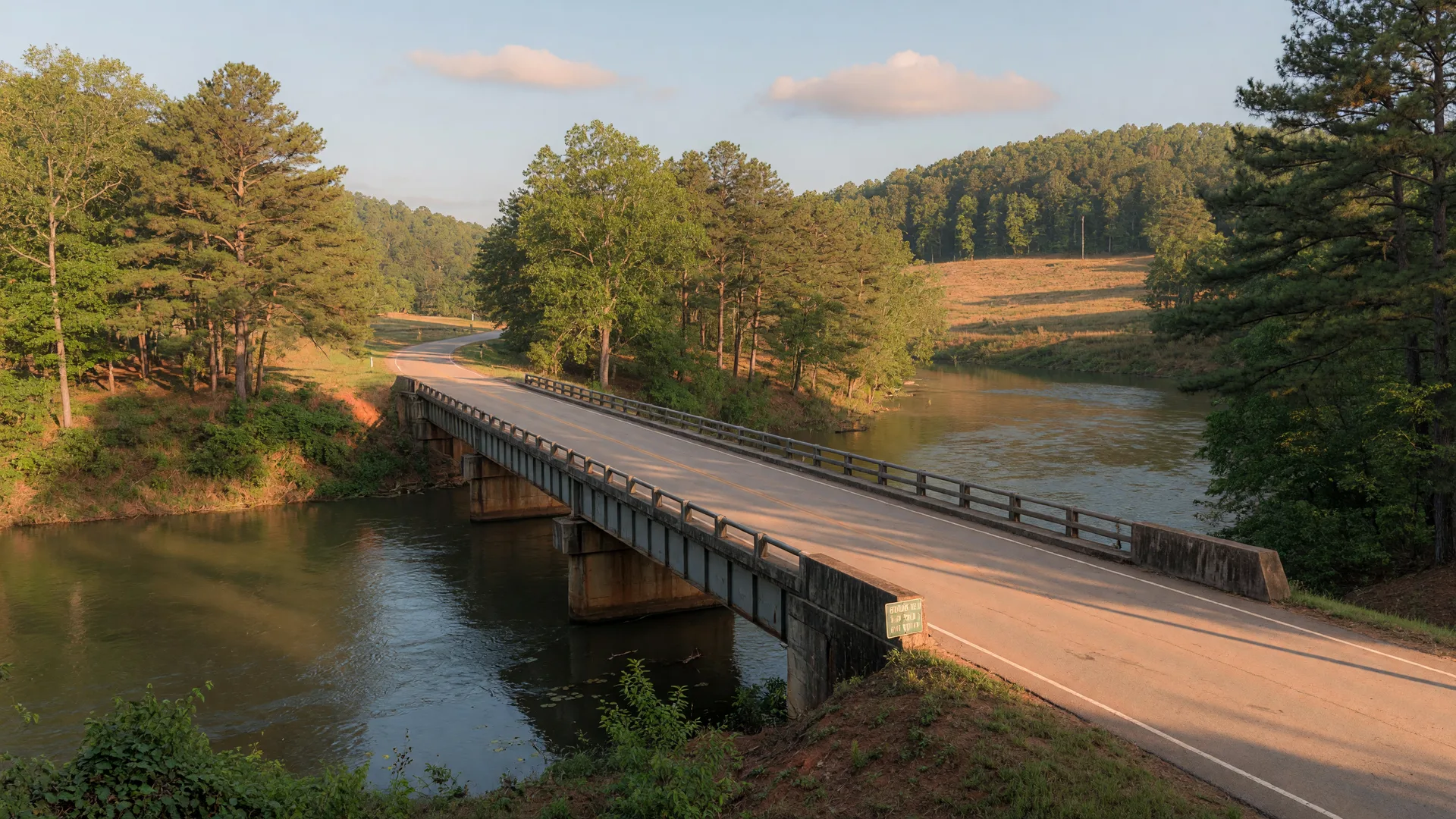 Concrete county bridge crossing a slow river between timbered North Georgia foothills in morning light