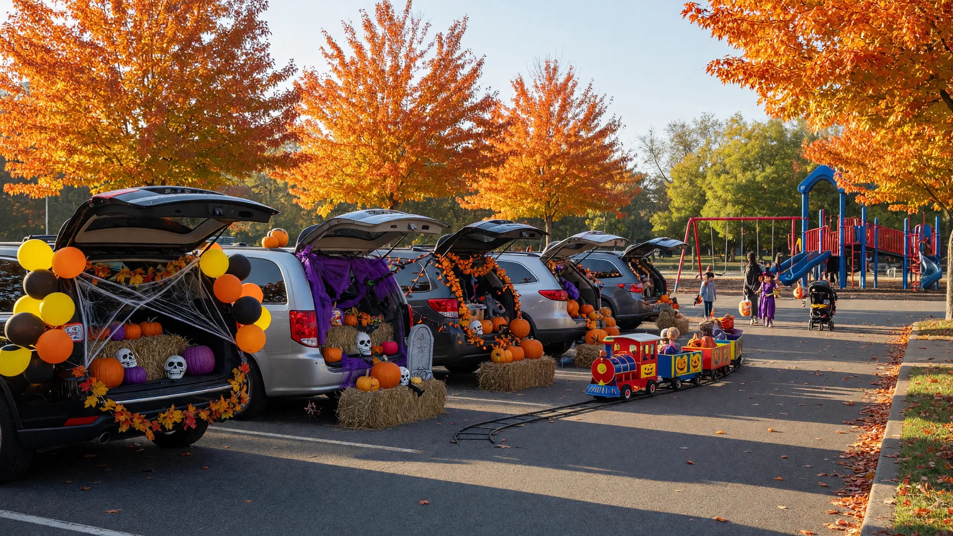 Decorated car trunks with pumpkins, hay bales, and balloons at a trunk-or-treat event beside a park playground