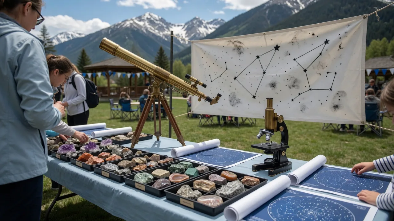 A hands-on community science festival table with a telescope and star charts