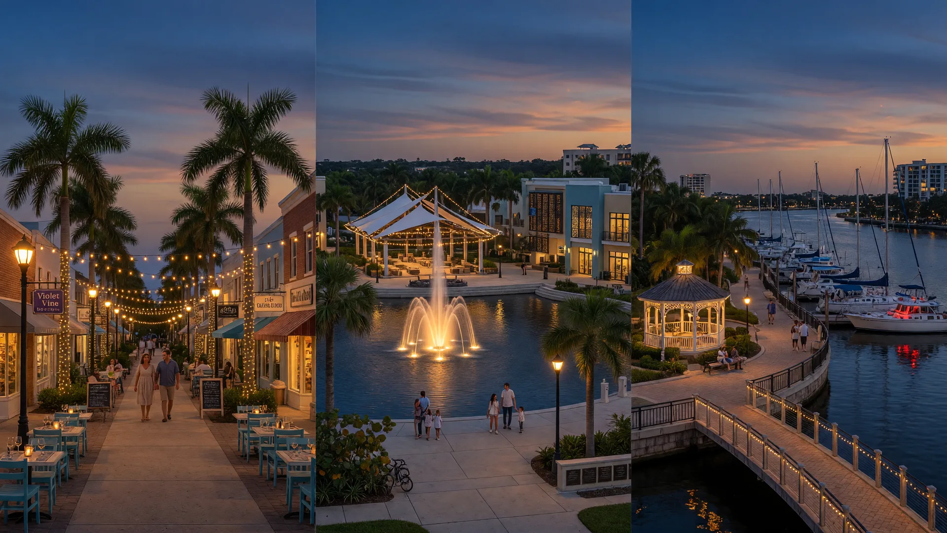 Three vibrant downtown districts in Southwest Florida at dusk in early October: a palm-lined Main Street with string lights and sidewalk cafés, a lakefront town plaza with a fountain and covered pavilion, and a riverwalk promenade with a pedestrian bridge and marina boats