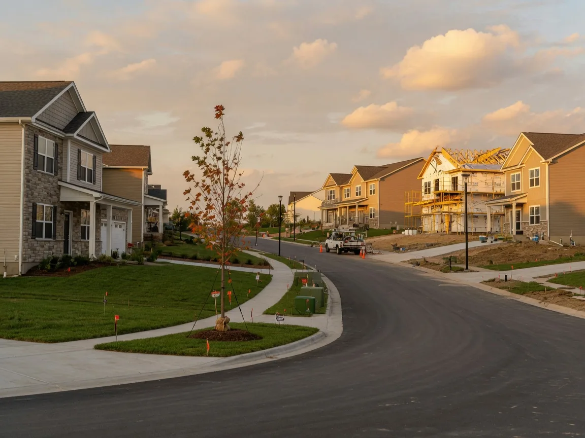 New construction homes in a Kansas City suburban community at golden hour in early autumn