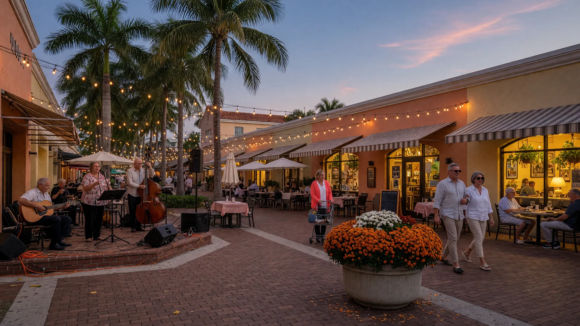 Downtown South Florida plaza at dusk with string lights over palm-lined sidewalks, an acoustic band playing on a corner stage, and couples strolling past outdoor restaurant tables