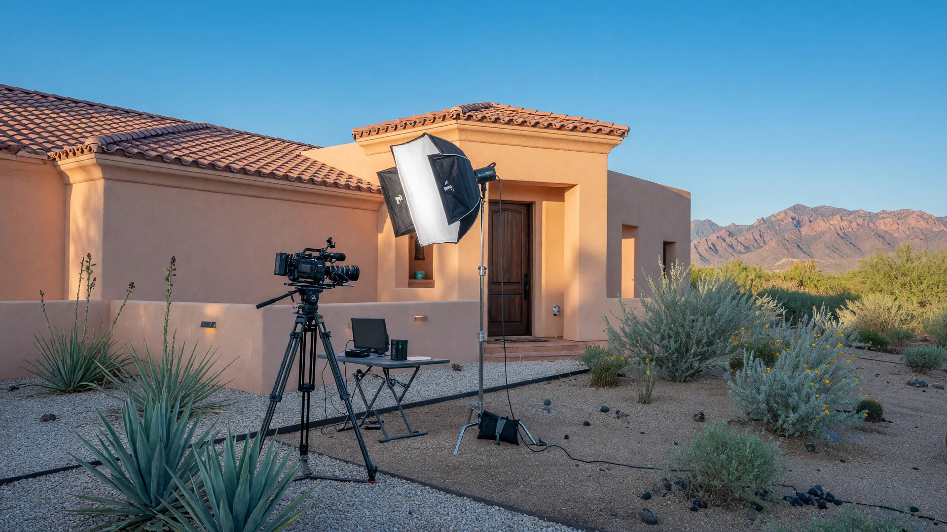 A modern Southwestern home in Gilbert, Arizona with a camera on a tripod and softbox light rig set up on the front lawn for a video tour, San Tan Mountains on the horizon