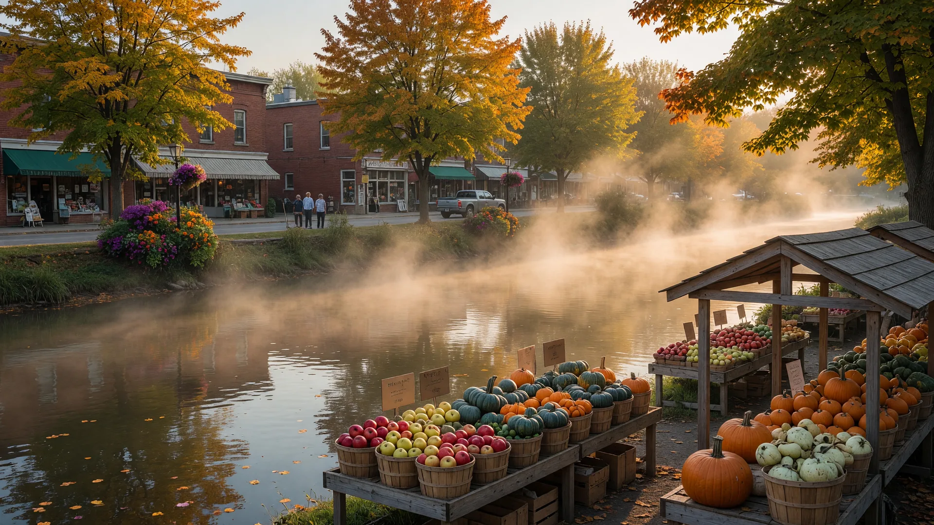 Golden late-September morning in a small Ontario river town with early fall colour and farmers' market stalls