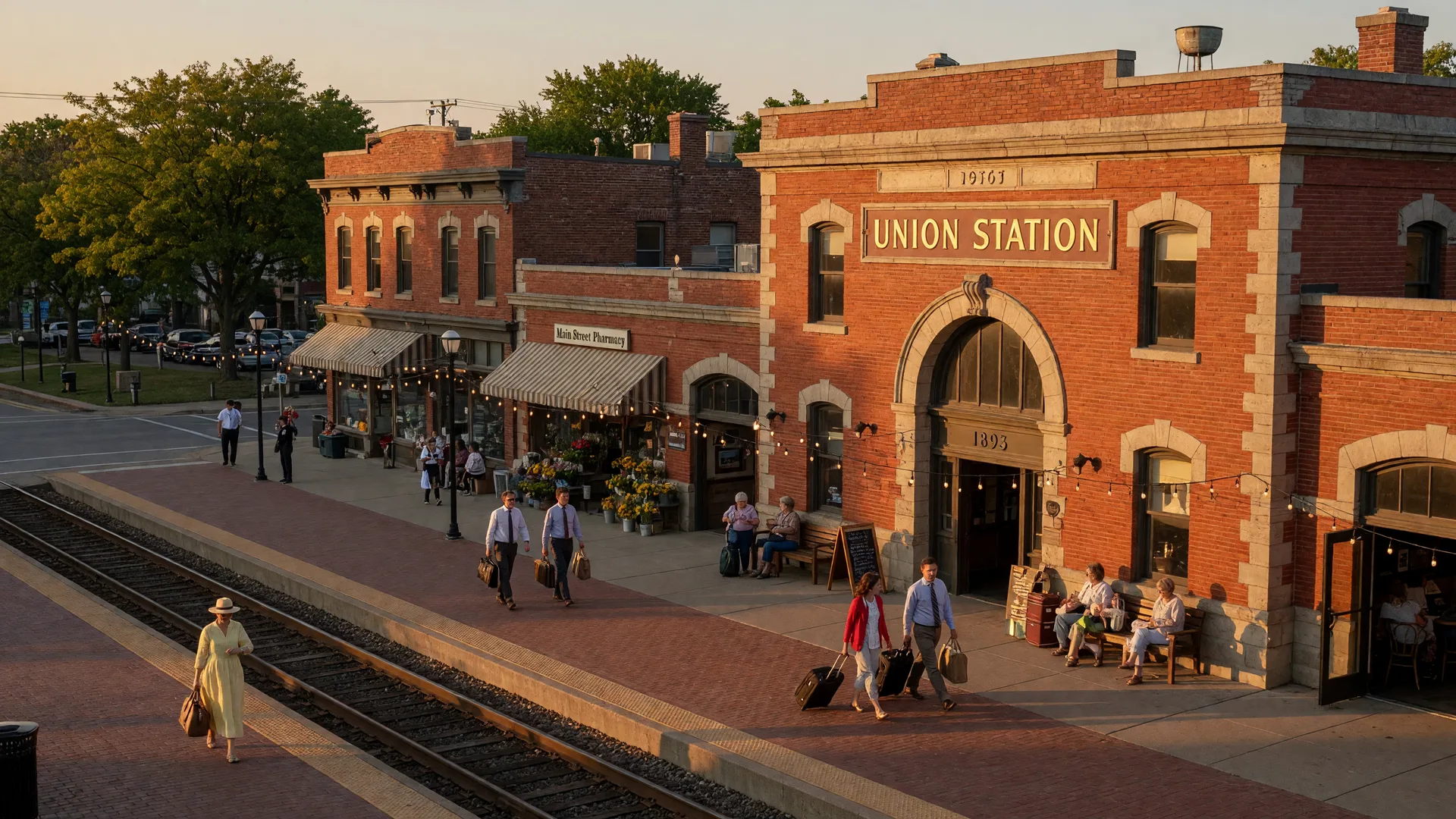 Historic brick Bay Street NJ Transit station in downtown Montclair NJ with a vintage station sign, passengers on the platform, downtown storefronts and tree-lined streets beyond on a warm late-summer evening