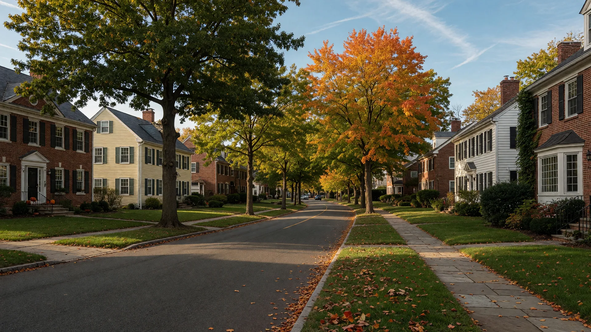 Tree-lined Cherry Hill street in early October with colonial homes and the first autumn color on the oaks
