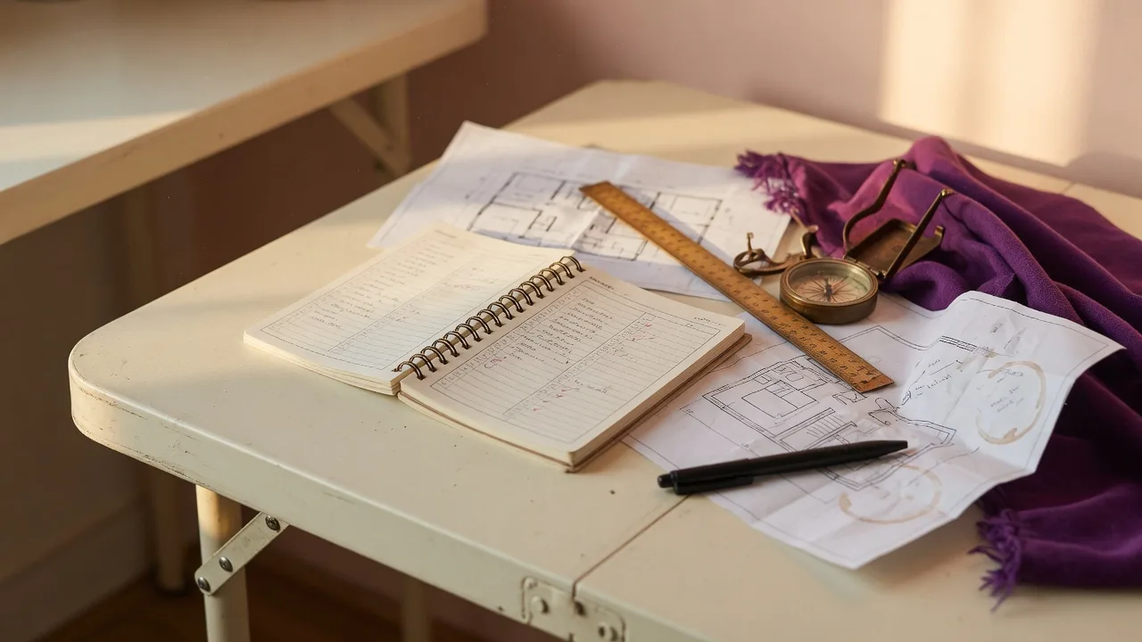 A valuation workbook, ruler, compass, and floor plans on a folding table, representing pricing an inherited house in Maryland