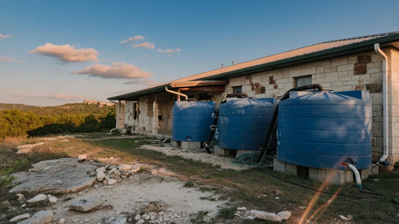 Large green rainwater cistern connected to gutters beside a limestone Hill Country home near Boerne, Texas.