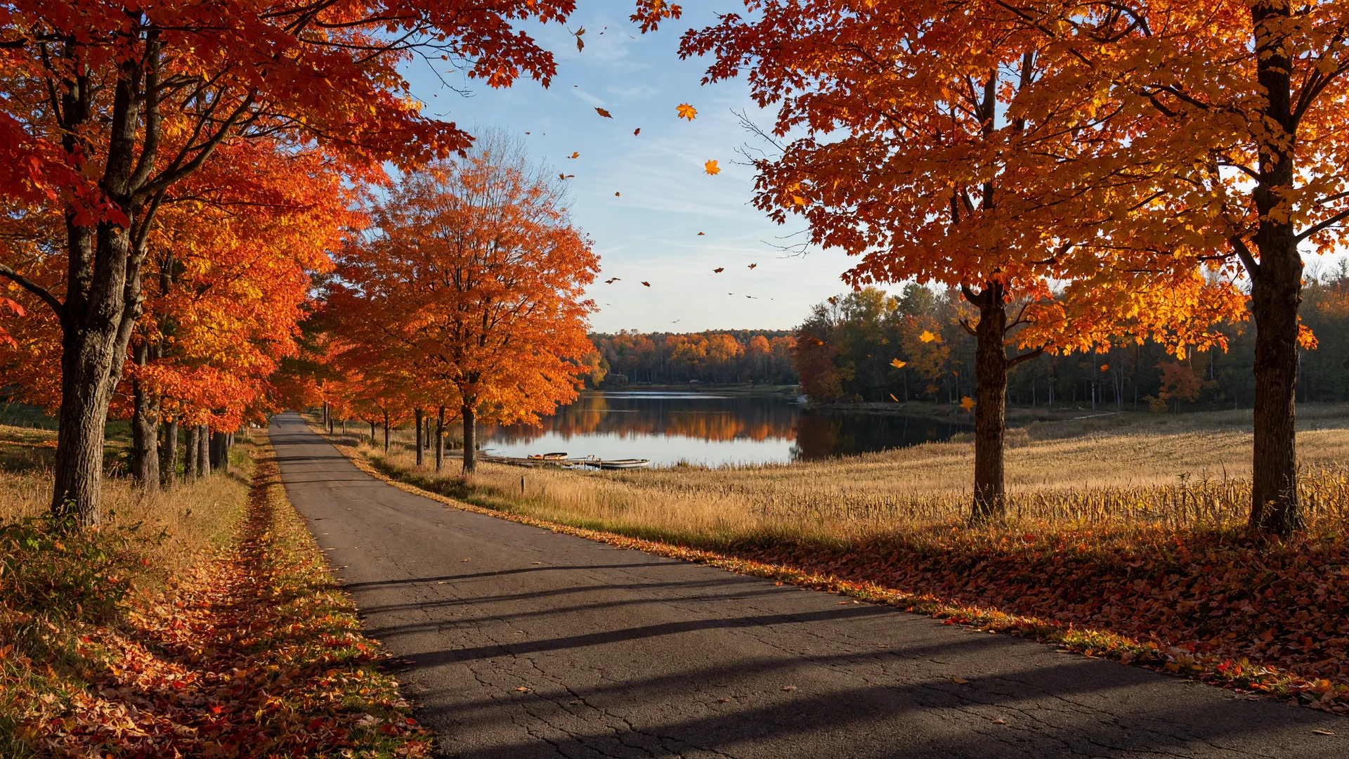 A quiet rural Michigan country road lined with mature maples in peak orange and gold autumn color, with a small lake reflecting the foliage in the distance