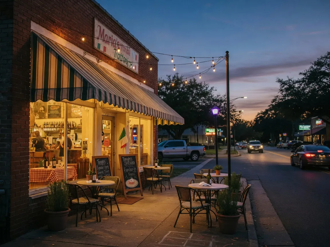 The glowing storefront of a family-run Italian restaurant at dusk, warm light spilling from the windows and string lights over a small patio in Braselton Georgia