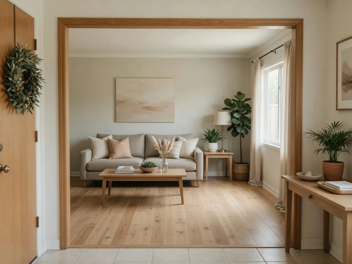 A bright, freshly staged entry and living area of a California ranch-style home with a neutral palette, sofa with throw pillows, wooden coffee table, and soft natural light