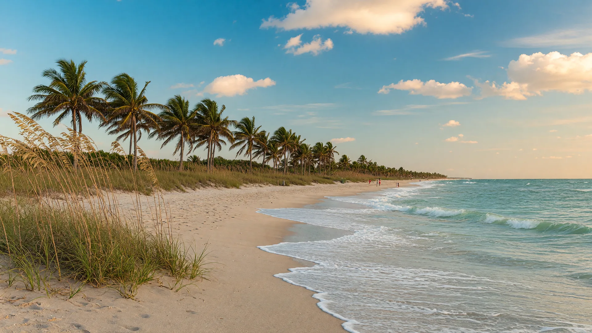 Beautiful white sand beach in Vero Beach Florida with gentle waves, sea oats, and mature palm trees under a sunny coastal sky