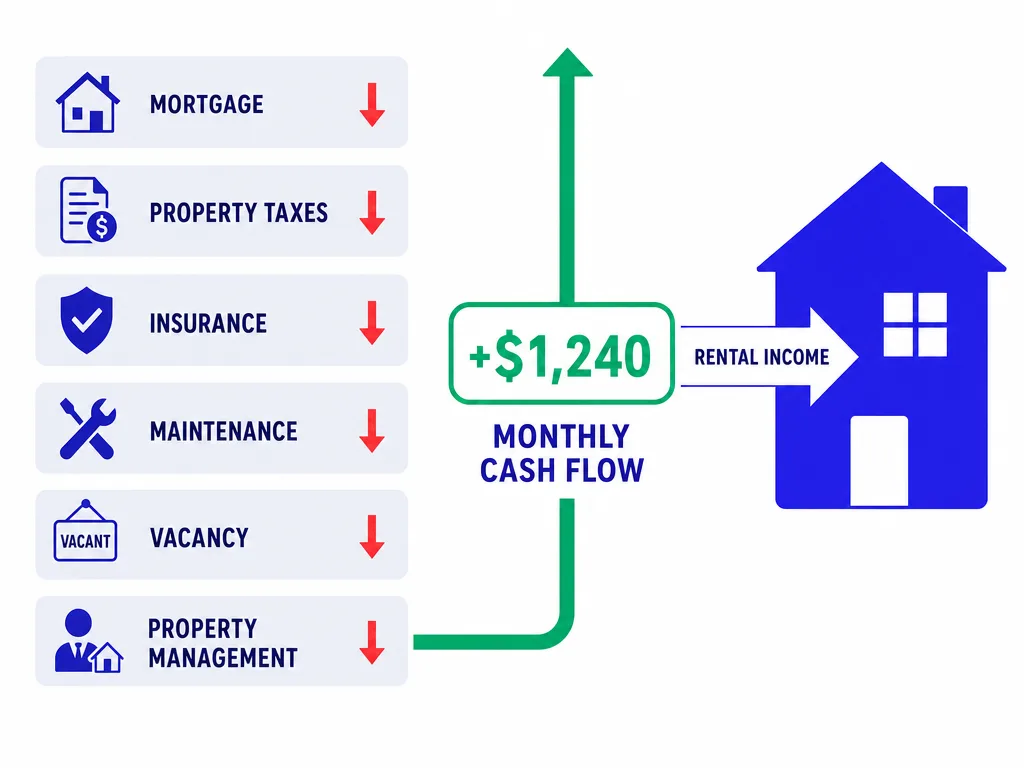 Rental cash flow infographic showing rental income minus mortgage, taxes, insurance, maintenance, vacancy, and management leaving positive monthly cash flow