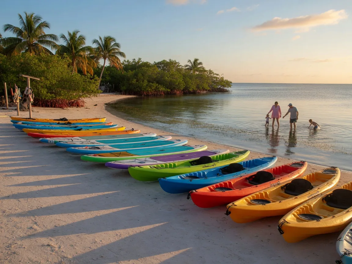 A row of colorful rental kayaks and paddleboards lined up on the sand at a quiet Florida Keys public beach launch in morning golden light, calm turquoise water, palms and mangroves along the curved shoreline, a distant family wading in the shallows