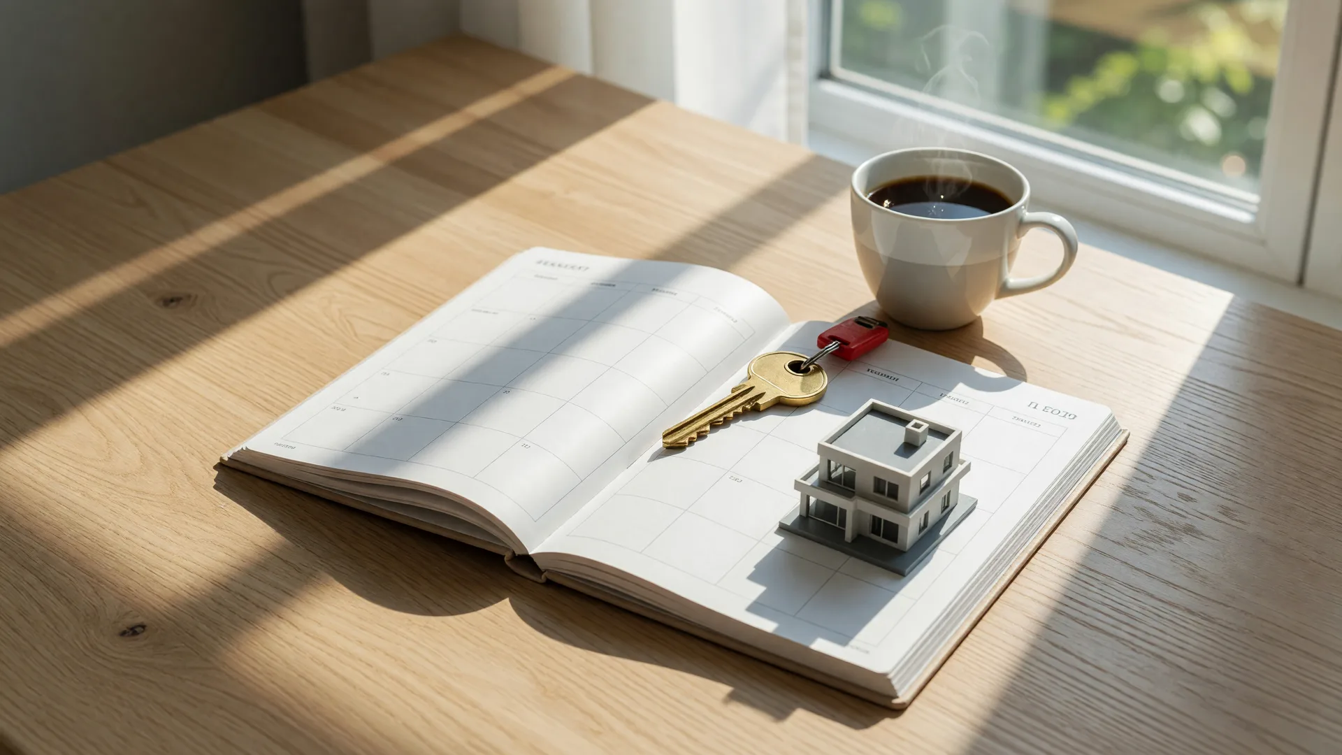 A bright desk scene with an open planner, house key, and small house model, ready for a selling timeline