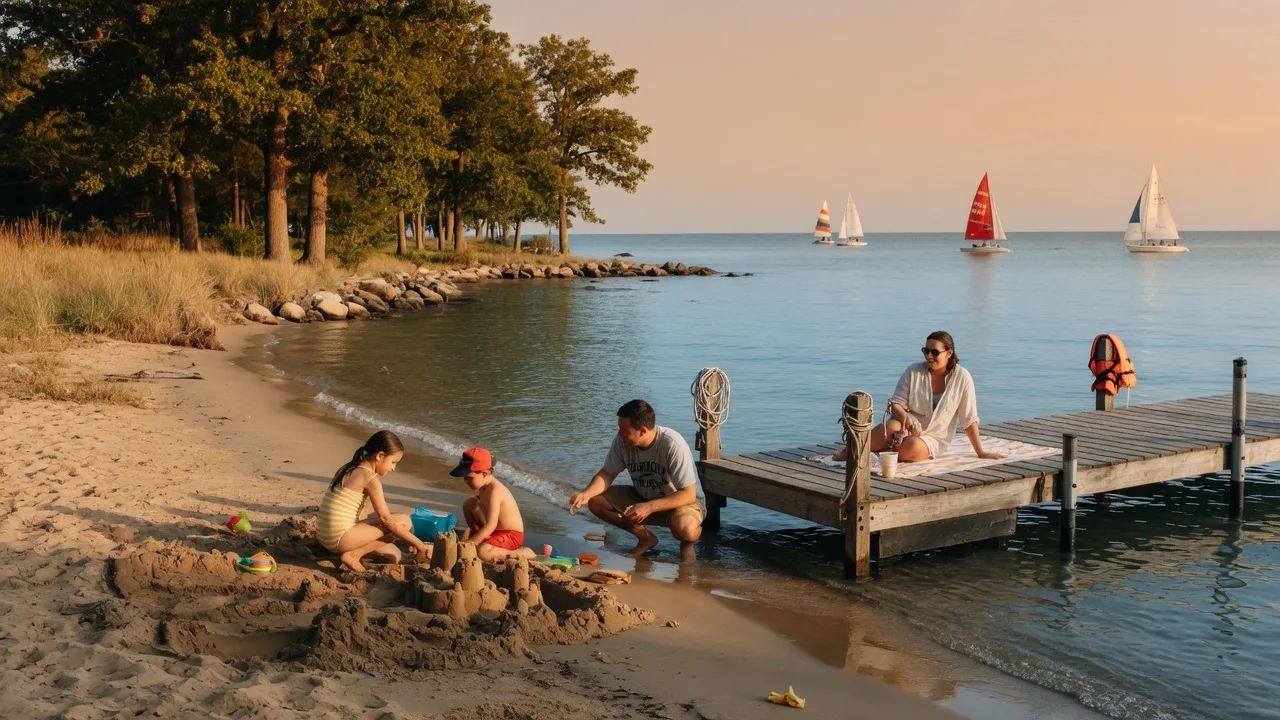Family enjoying a late summer afternoon on a Michigan lake beach