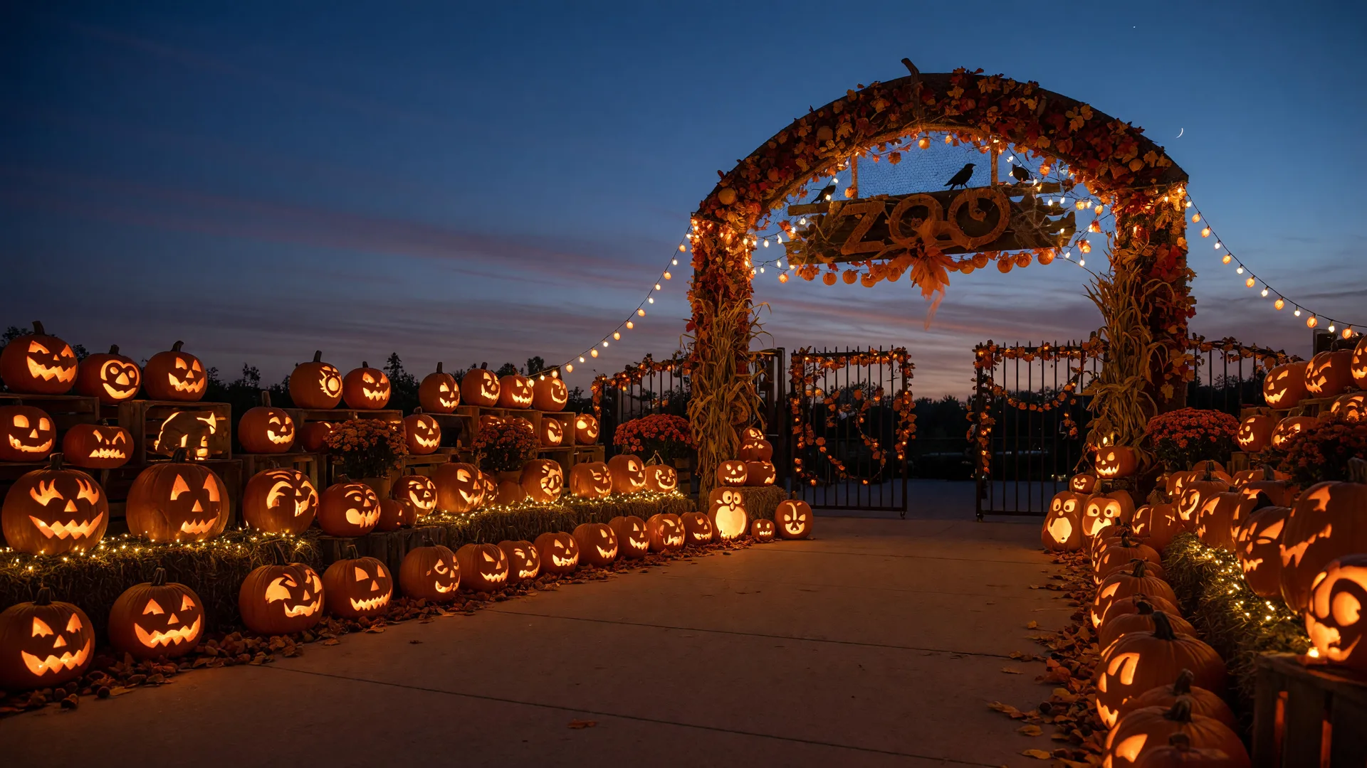 A zoo entrance transformed for Halloween at dusk with hundreds of glowing jack-o-lanterns lining the walkway