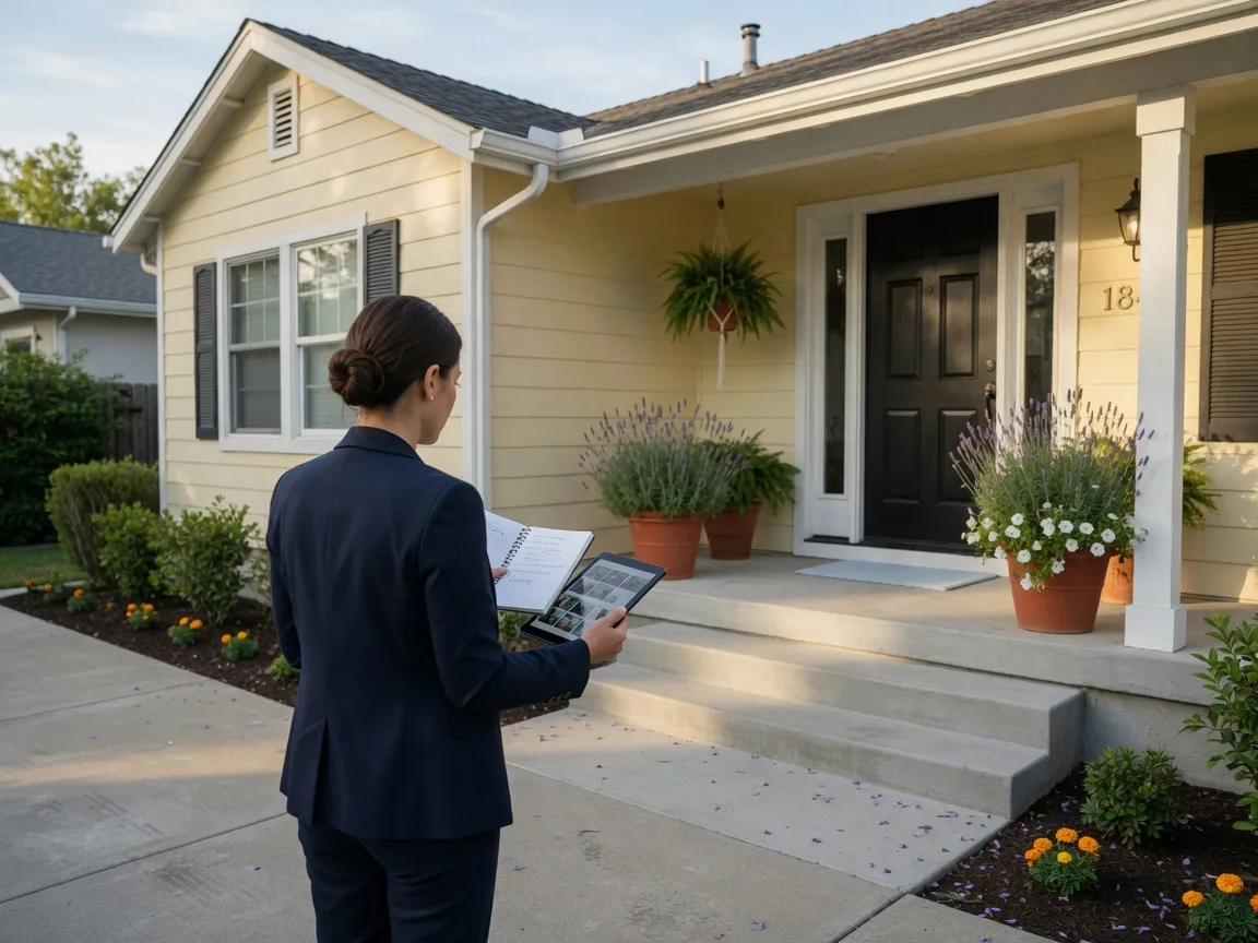Professional preparing a suburban home for listing on a clear morning before the short sale is marketed.