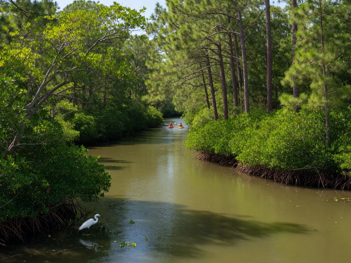 The calm Estero River winding through mangroves and pines near Bonita Springs