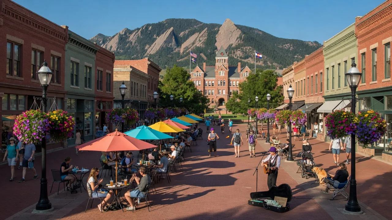Pearl Street Mall in downtown Boulder with red brick pedestrian mall, shops, and Flatirons view