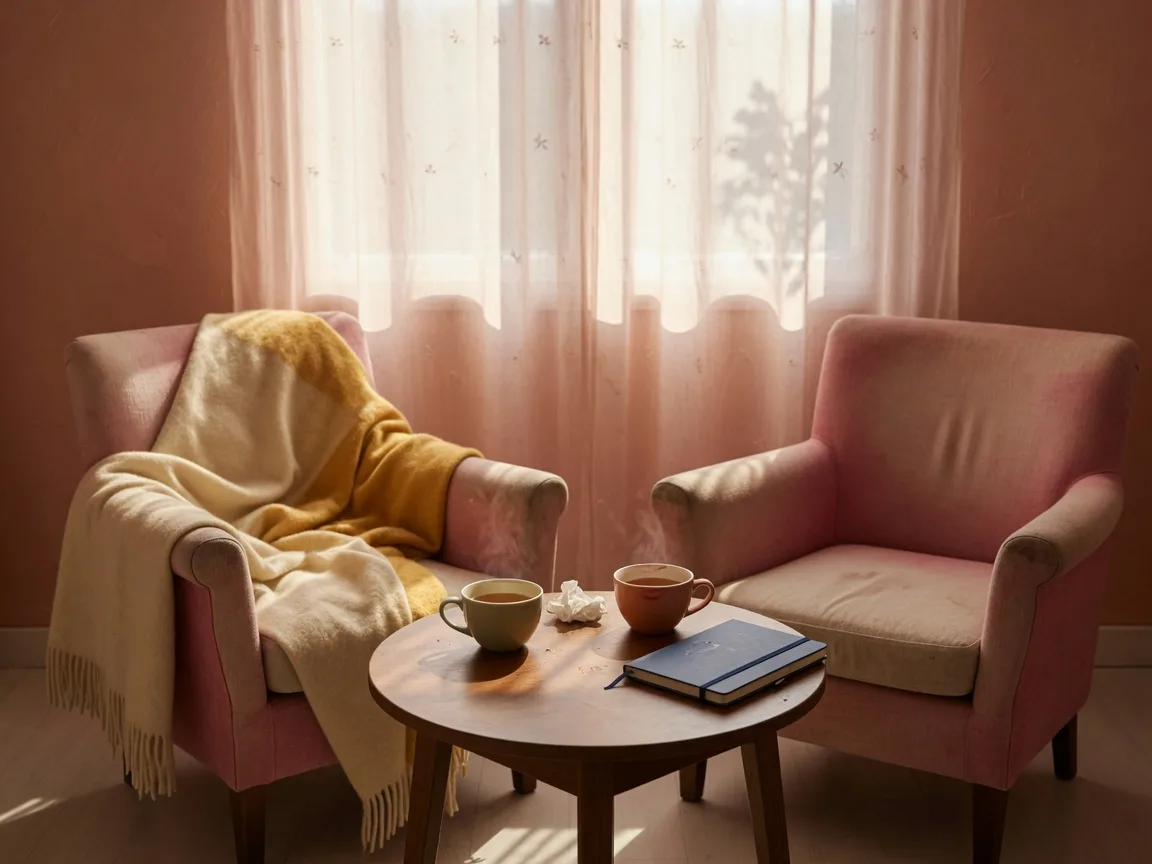 Two armchairs facing each other with cups of tea on a small table in warm morning light