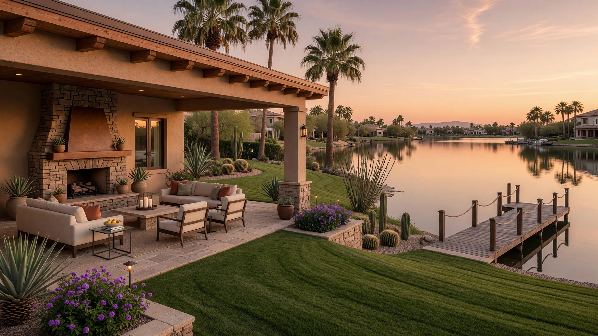 A waterfront patio in a luxurious Gilbert home overlooking the lake