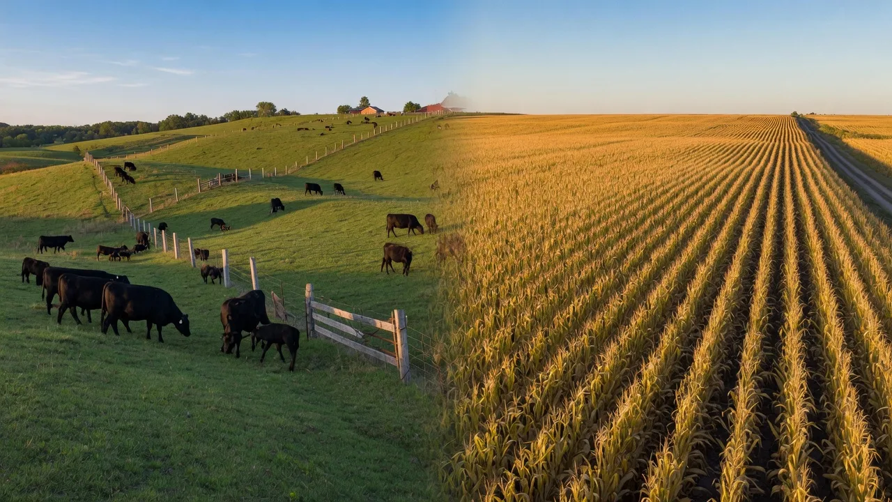Split composition panoramic landscape showing black angus cattle on rolling hills on the left and corn fields on flat ground on the right