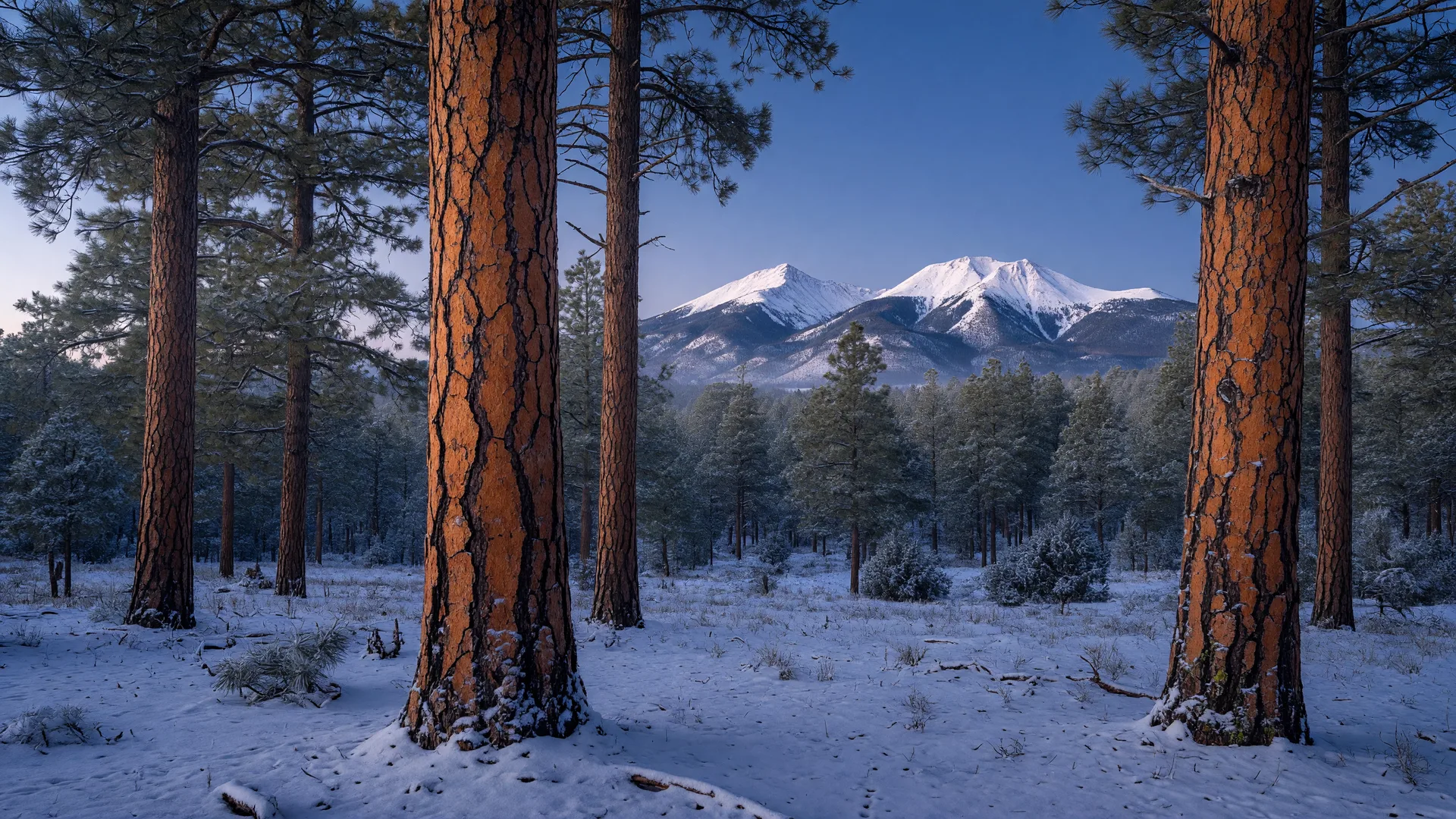 Snow-dusted ponderosa pines and the San Francisco Peaks on a clear winter morning near Flagstaff, Arizona