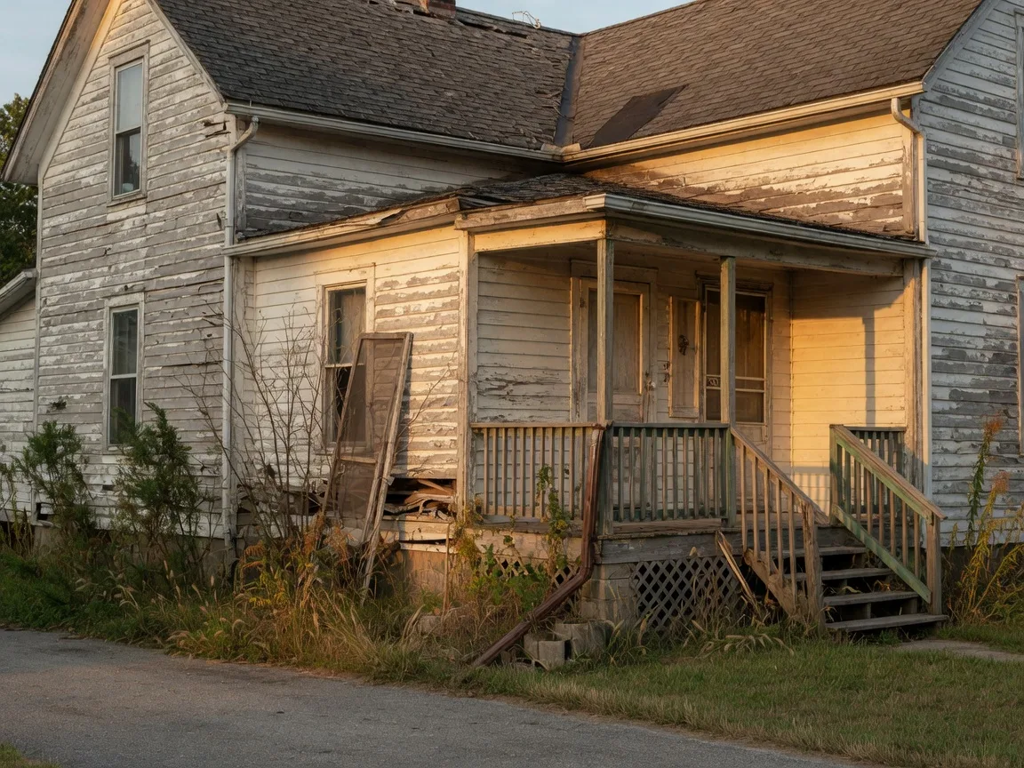 Vintage Kentucky home with visible exterior wear, peeling paint, weathered porch, and overgrown garden in late afternoon light