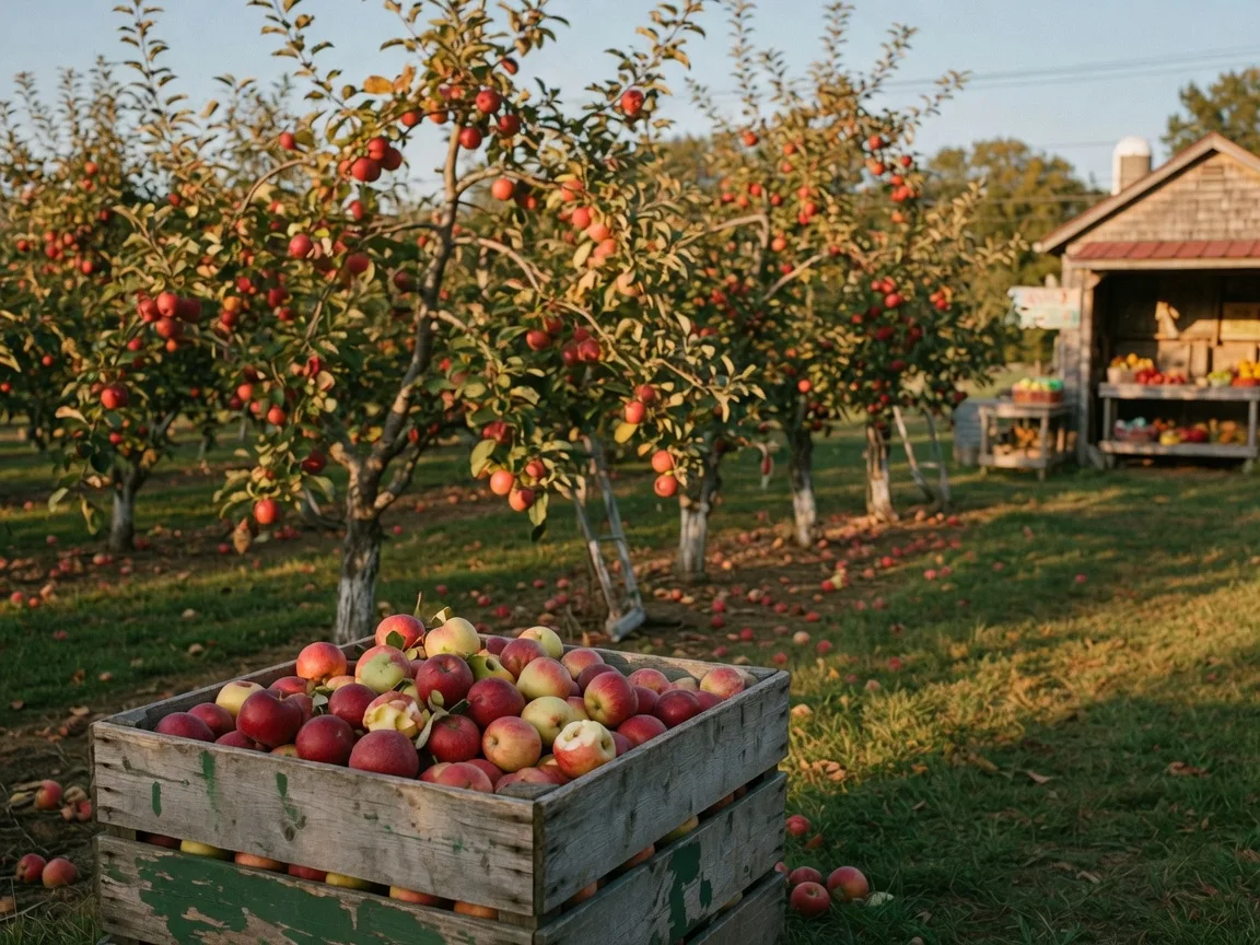 Rows of apple trees in a South Jersey orchard in September with a crate of freshly picked apples