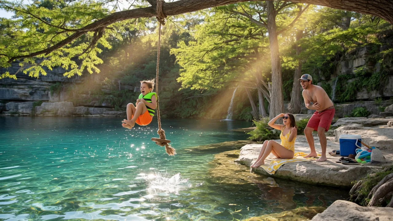Family jumping from a rope swing into a crystal-clear swimming hole surrounded by cypress trees in the Texas Hill Country