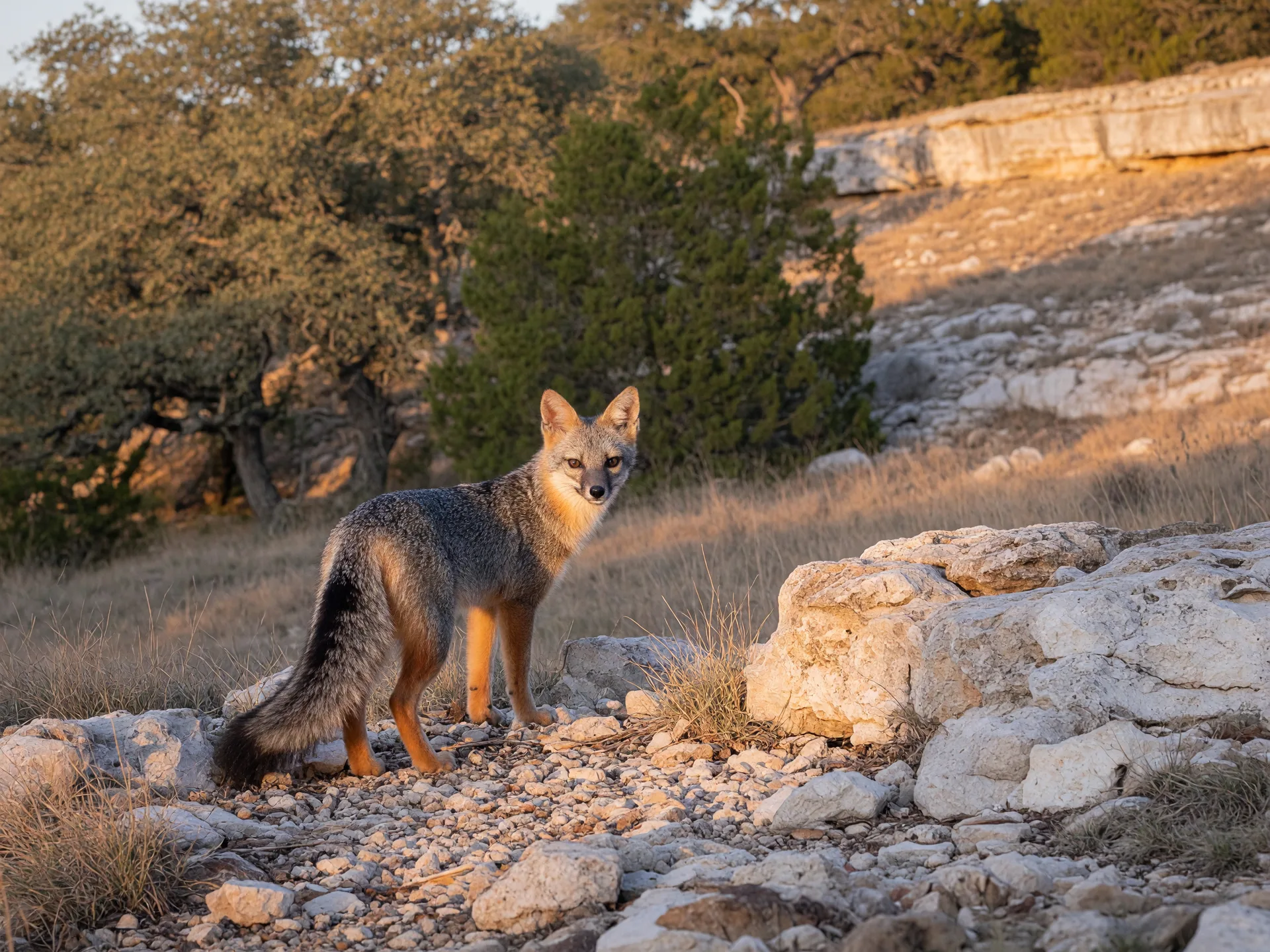 A gray fox with a black-tipped tail on a rocky Hill Country hillside at golden hour.