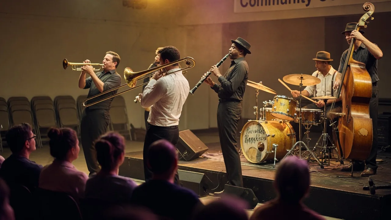 A Dixieland jazz band performing on a small community center stage with brass instruments, an upright bass, and warm stage lighting