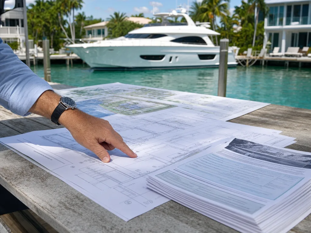 Elevation certificates and blueprints spread on a wooden dock table with a real estate agent's hand pointing to technical details, a yacht moored in the canal background